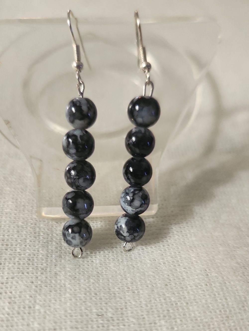 Hand Crafted Snowflake Obsidian Bead Dangle Earrings - Black/Gray